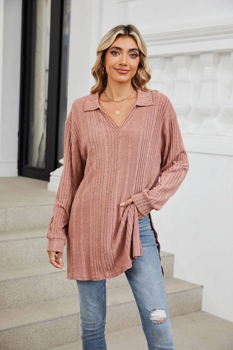 CWTBLL3668_FLIP COLLAR SLIT LONG SLEEVED LOOSE T-SHIRT TOP