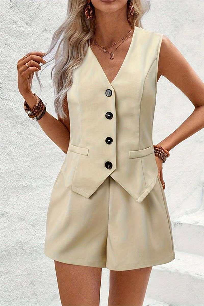 CWSS1118_V-NECK COMMUTER VEST SHORTS SHORT TWO-PIECE SUIT