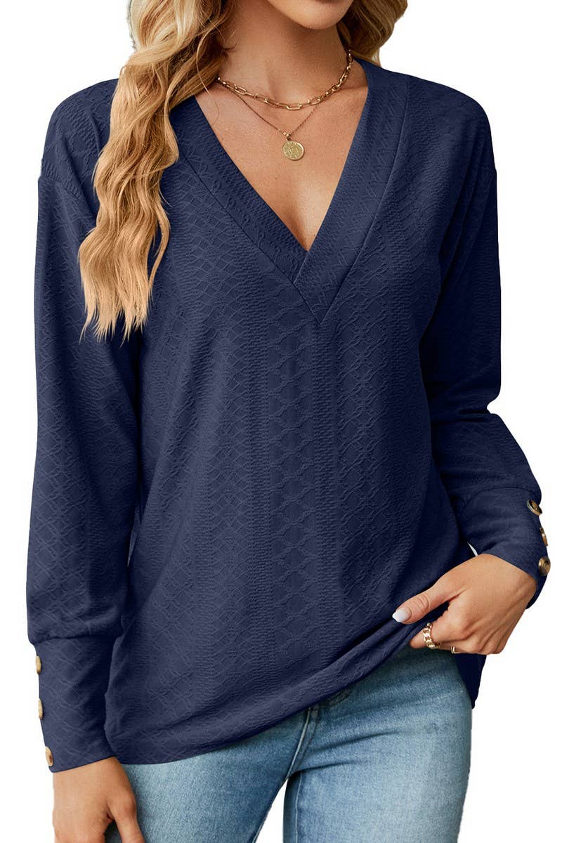 CWTTL1591_V-neck Pullover Long Sleeve Top