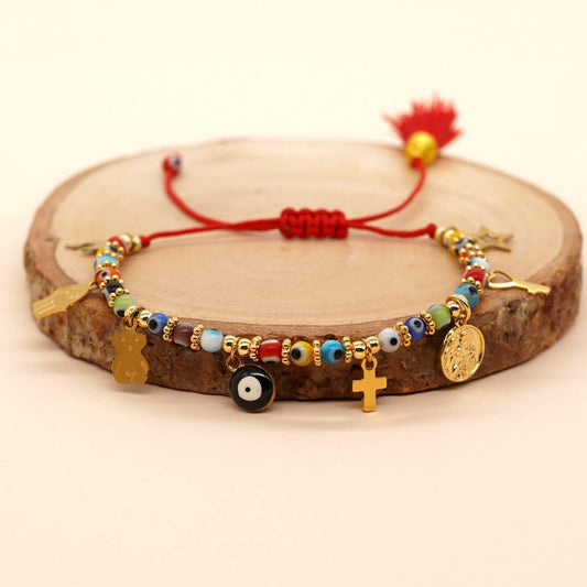 GLASS DEMON EYE METAL PENDANT TASSEL BRACELET