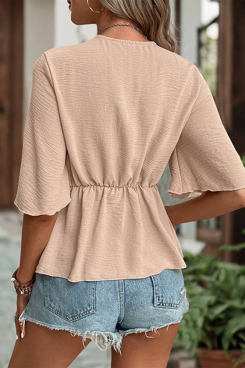 CWTBLS0984_V-NECK SOLID COLOR WRAP SHIRT