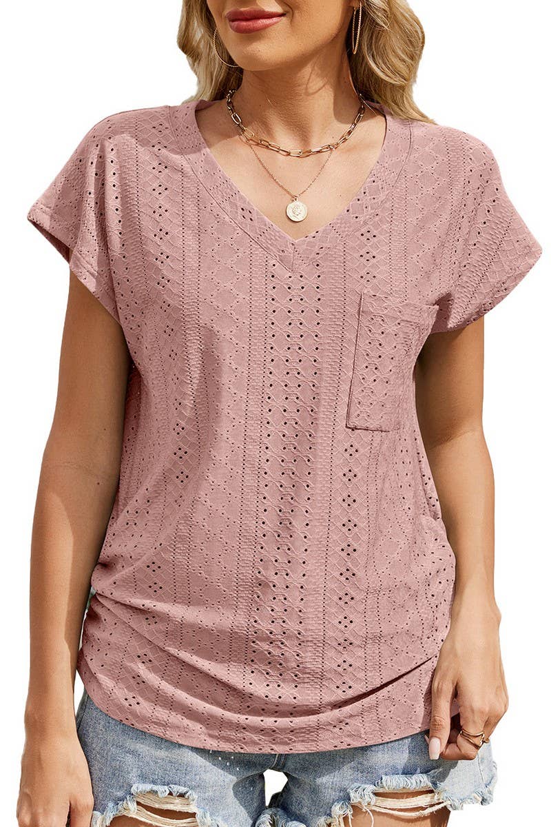 CWTBLS1730_SOLID COLOR V-NECK POCKET SHORT-SLEEVED TOP