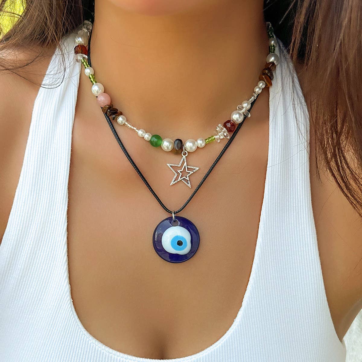NEW DEVIL BLUE EYES VINTAGE BEADED NECKLACE