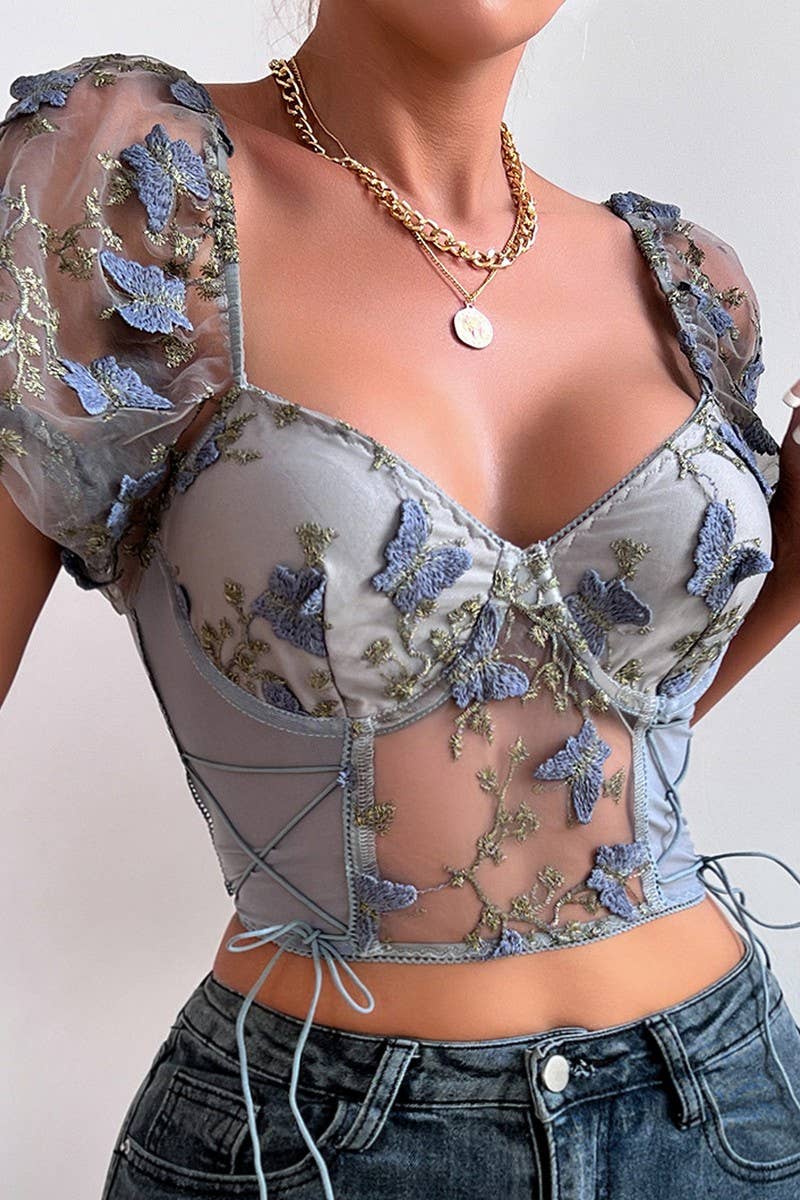 CWTBLS0491_DEEP V-NECK SHORT SLEEVE SEXY MESH PRINT TOP