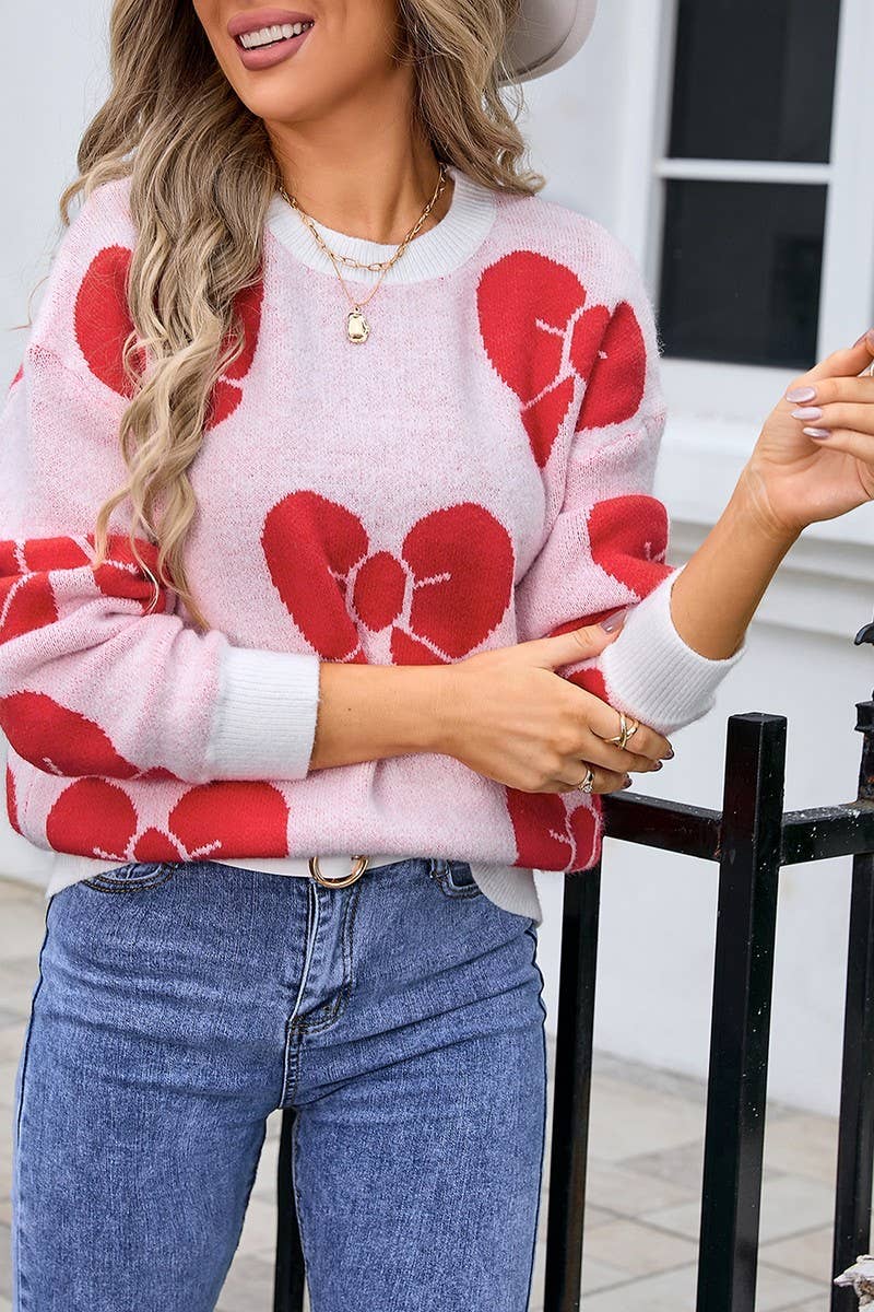 CWOSWL3068_BOW PRINT CREW NECK KNITTED SWEATER