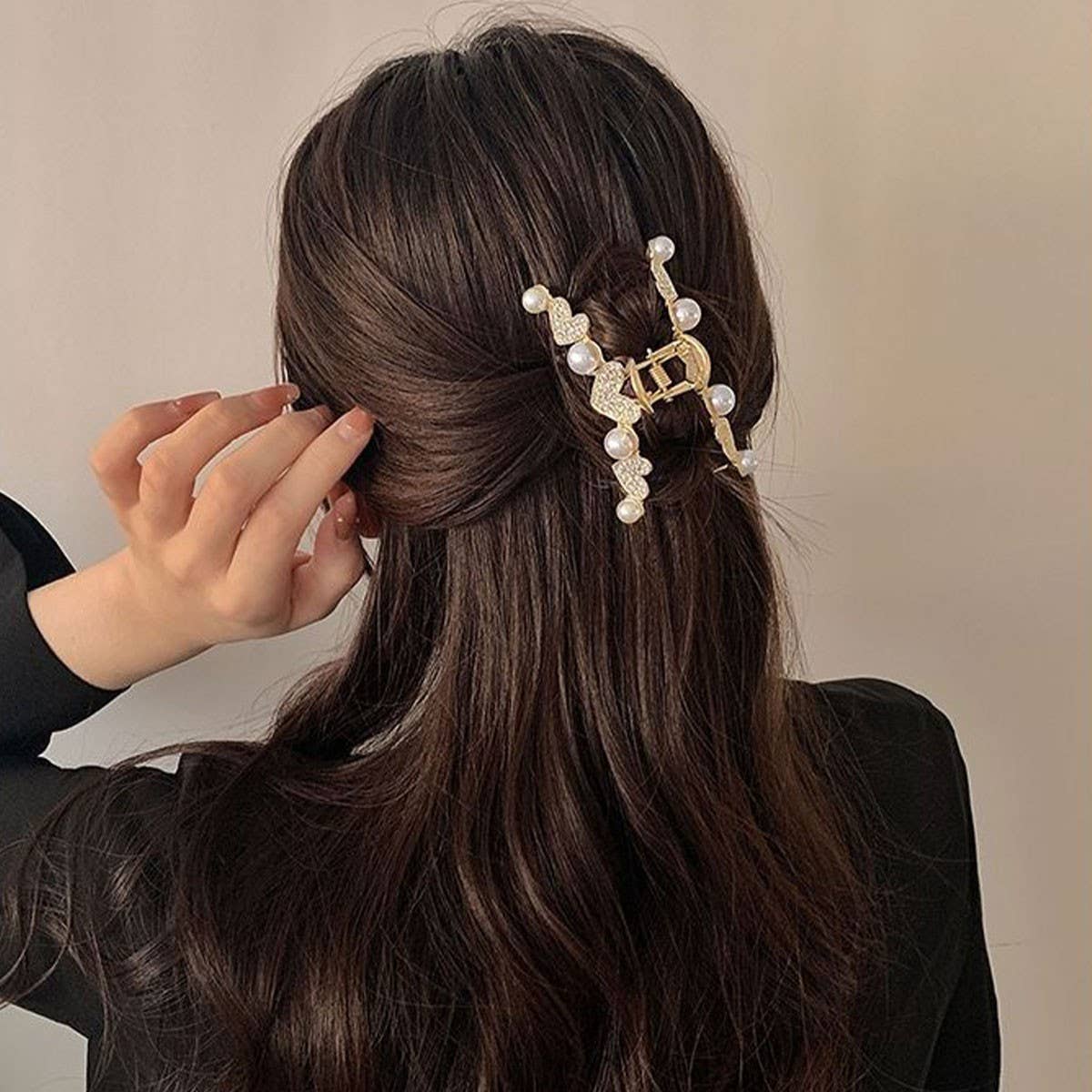 FULL DIAMOND HEART PEARL SHARK CLIP HAIRPIN