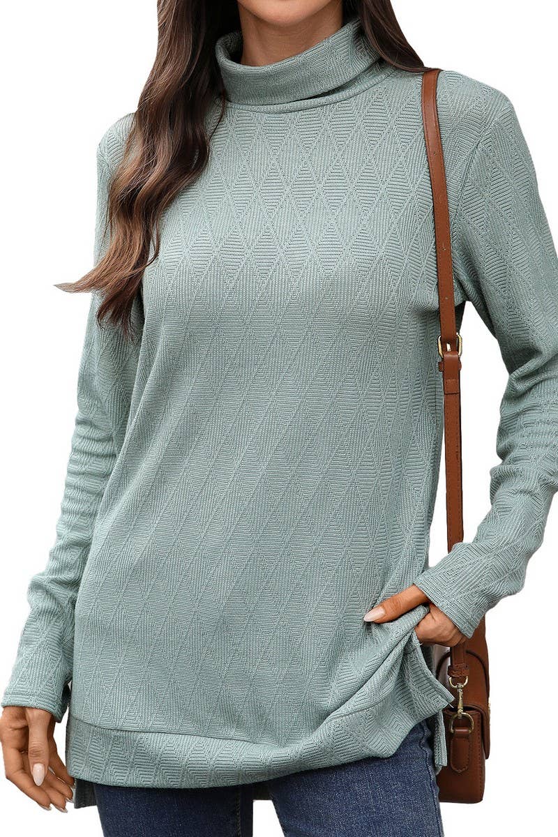 CWTBLL01289_HIGH NECK SOLID KNIT SPLIT HEM LONG SLEEVE TOP