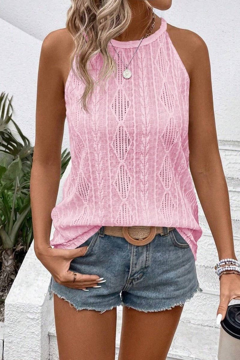 CWTTK1179_TEXTURED HOLLOW OUT HALTER NECK TANK TOP