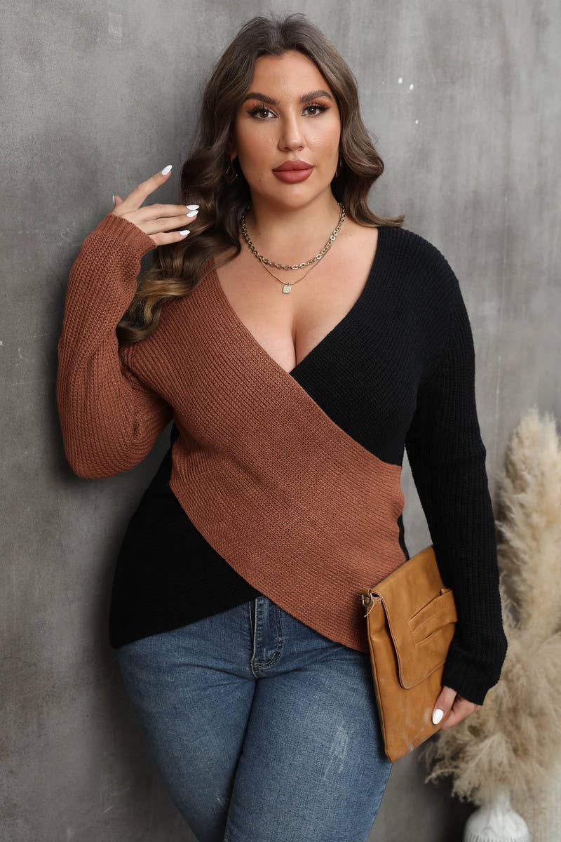 CWOSWL1569_PLUS Size V-Neck Long Sleeve Pullover Sweater