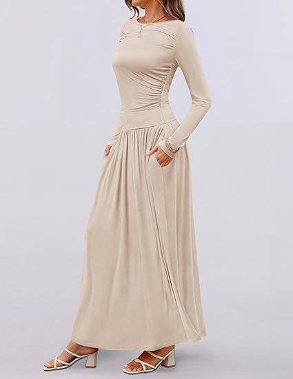 CREW NECK PLEATED POCKET SLIM LONG-SLEEVE DRESS