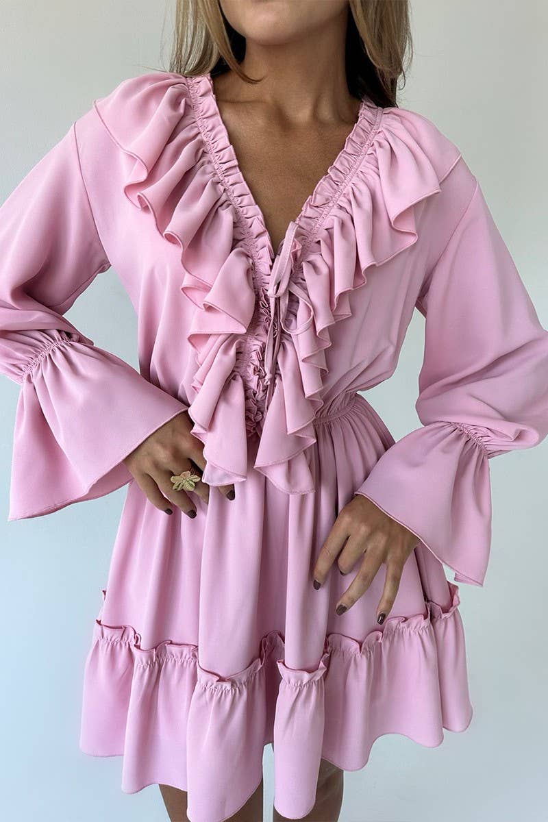 CWDSD7805_V-NECK BELL SLEEVE SHORT CHIFFON DRESS