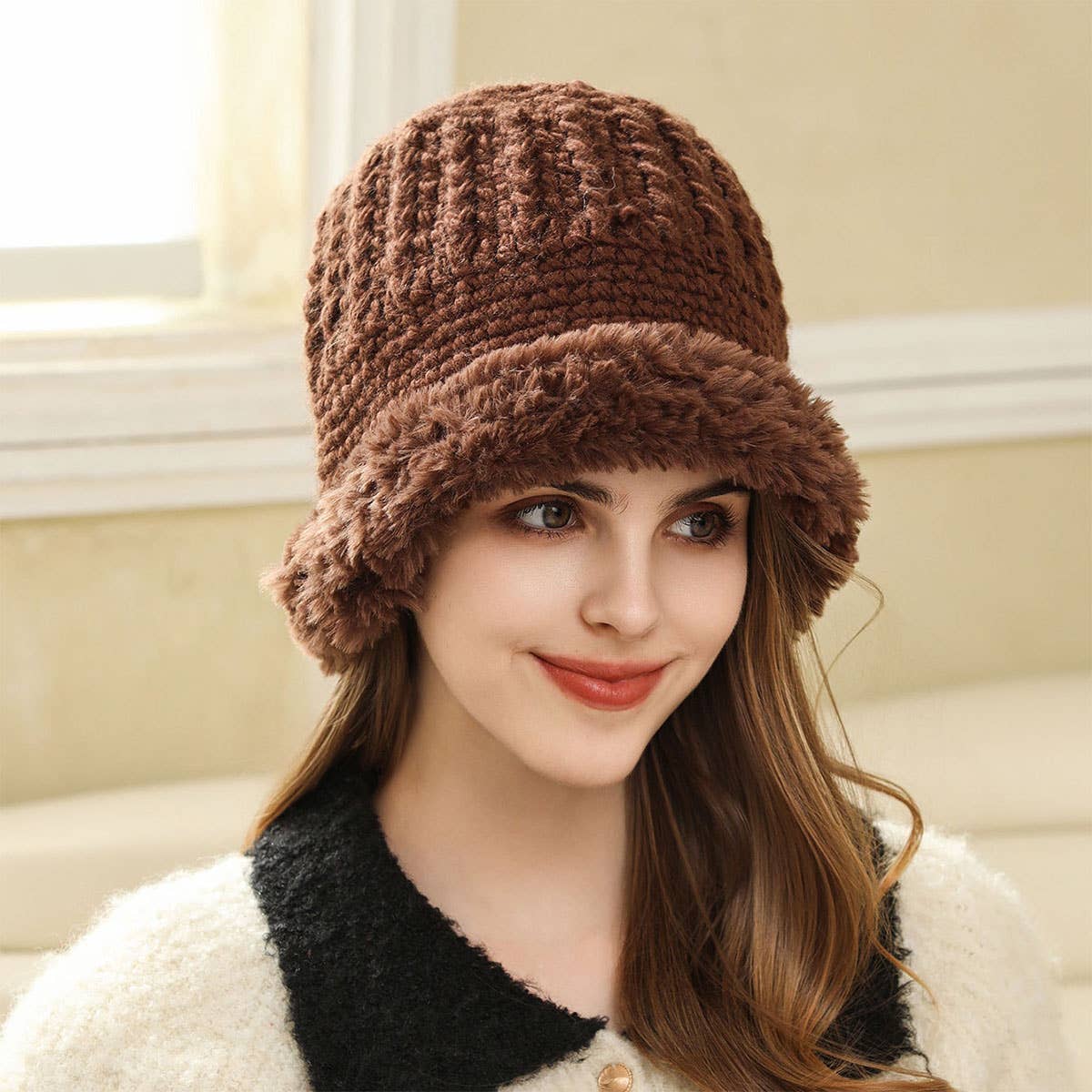 PLUSH-FUZZY KNIT BUCKET HAT WITH EAR COVERAGE_CWAH1979
