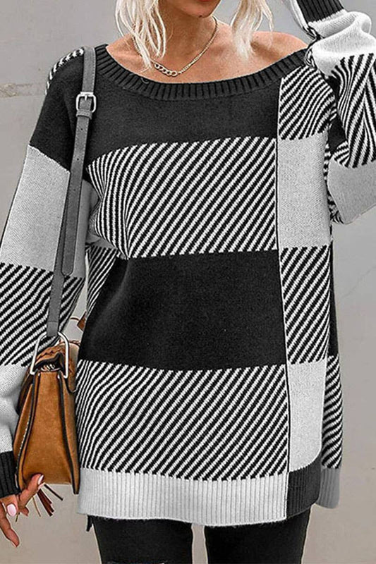 Cotton fine yarn matching plaid round neck loose knit