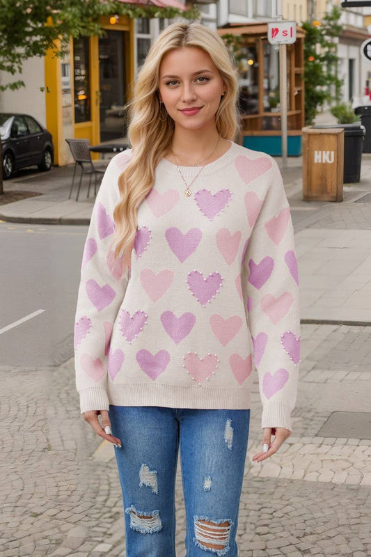 CWOSWL5981_HEART BEADED VALENTINE'S DAY KNITTED SWEATER