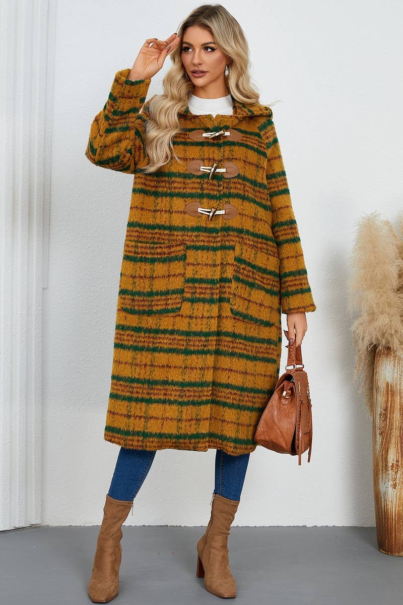 CWOCO0940_HORN BUTTON PLAID HOODED WOOLEN LONG COAT