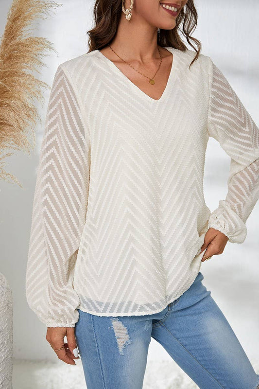 CWTBLL3848_SEMI-SHEER LONG SLEEVE JACQUARD PULLOVER SHIRT