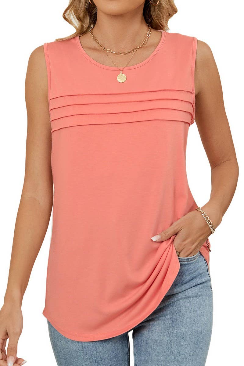 CWTBLSL0971_RUCHED SLEEVELESS CREWNECK SOLID TANK TOP