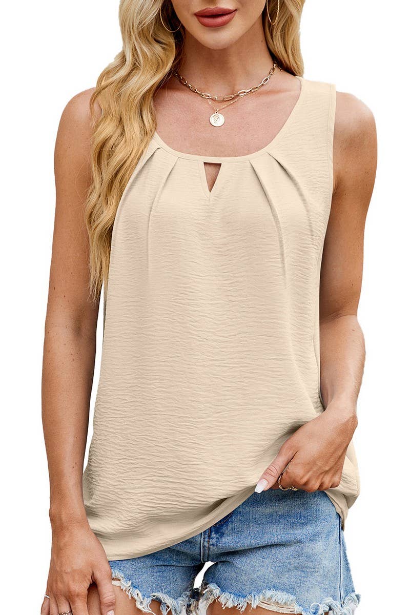CWTBLSL0677_SOLID PLEATED CHIFFON CUTOUT SLEEVELESS TOP