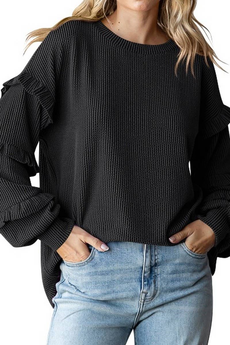 CWTBLL3202_BALLOON SLEEVE CREW NECK LAYERED SLEEVE PULLOVER