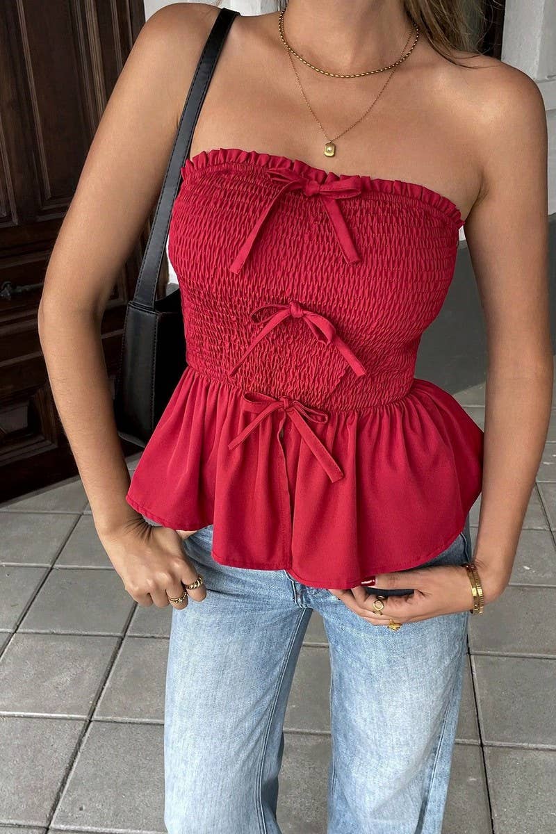 CWTTT0075_RUCHED BUSTIER RUFFLE BOW TIE CROP TOP