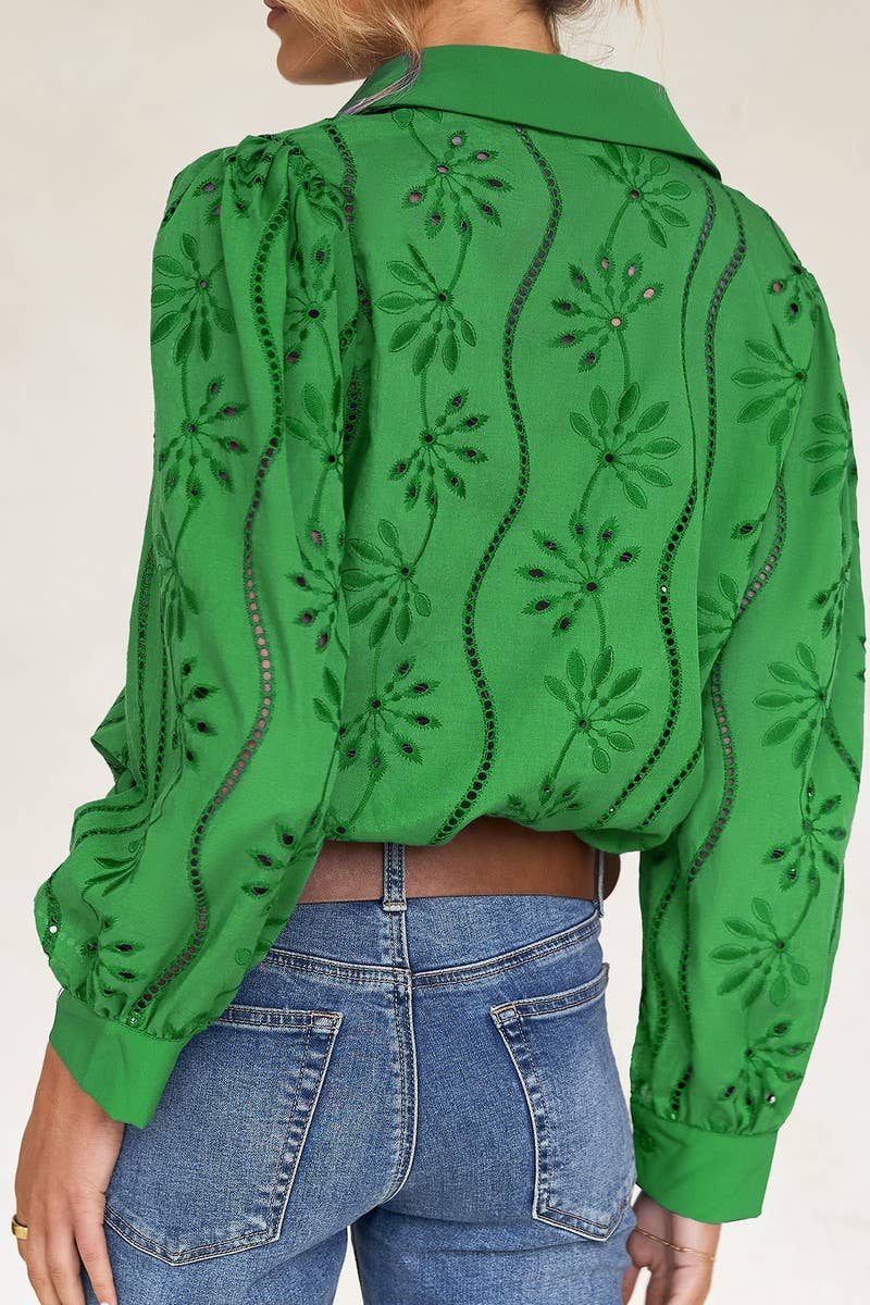 CWTSTL01000_CASUAL LOOSE HOLLOW OUT PUFF SLEEVE  TOP