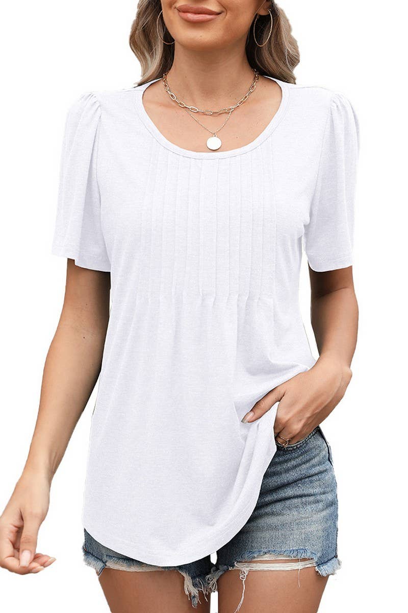 CWTBLS1724_LOOSE CREW NECK PLEATED PRINT SHORT SLEEVE TOP