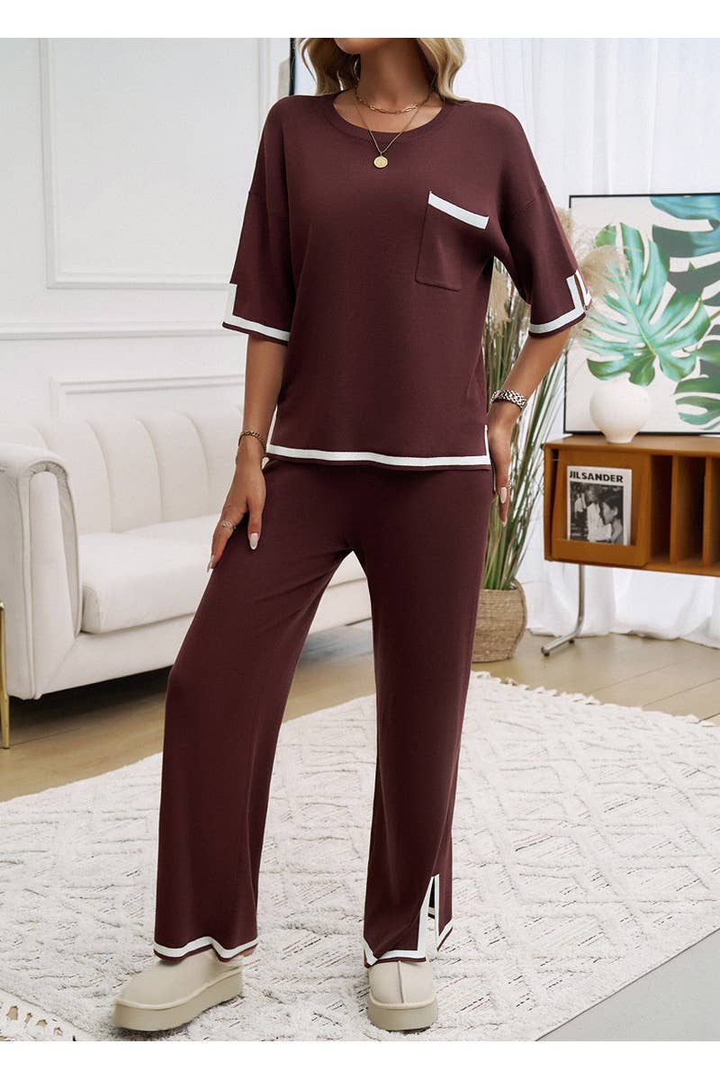 CWSTB0963_Color Matching Short Sleeved Top Pants Knit Set