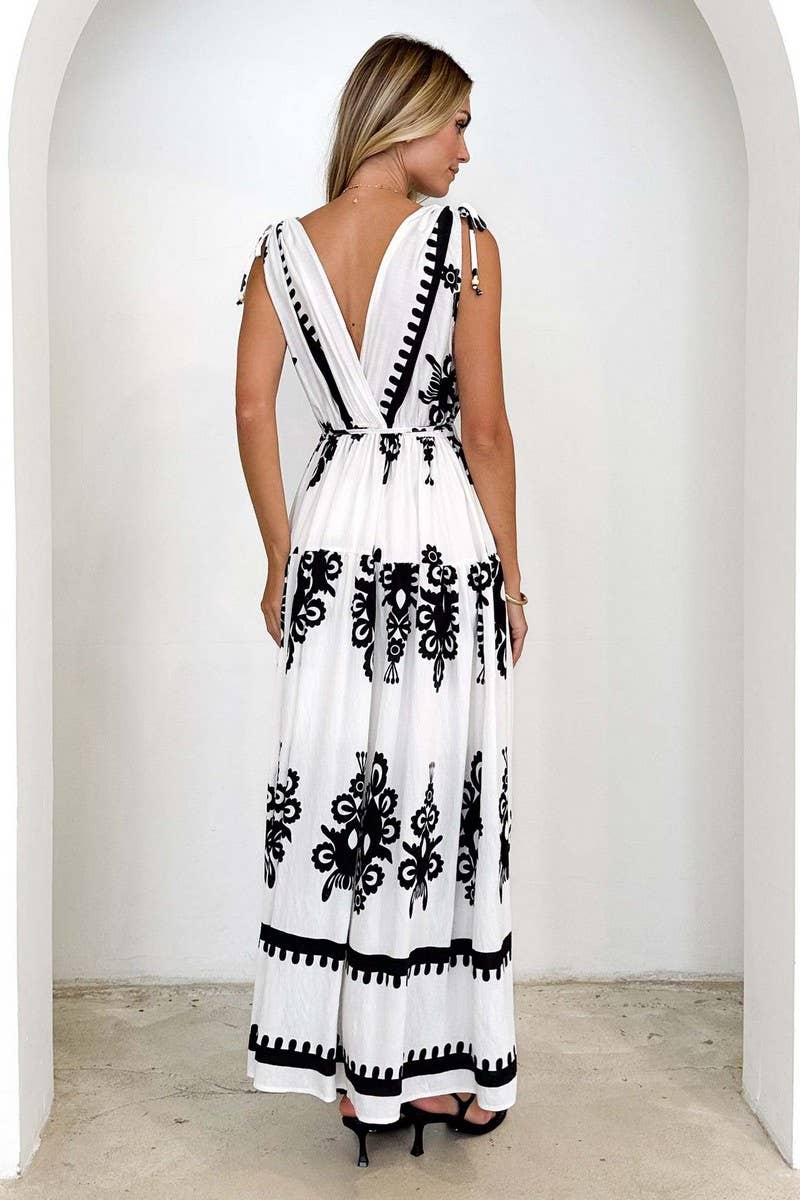 CWDMD6297_NEW SUMMER PRINTED V-NECK WAISTED DRESS