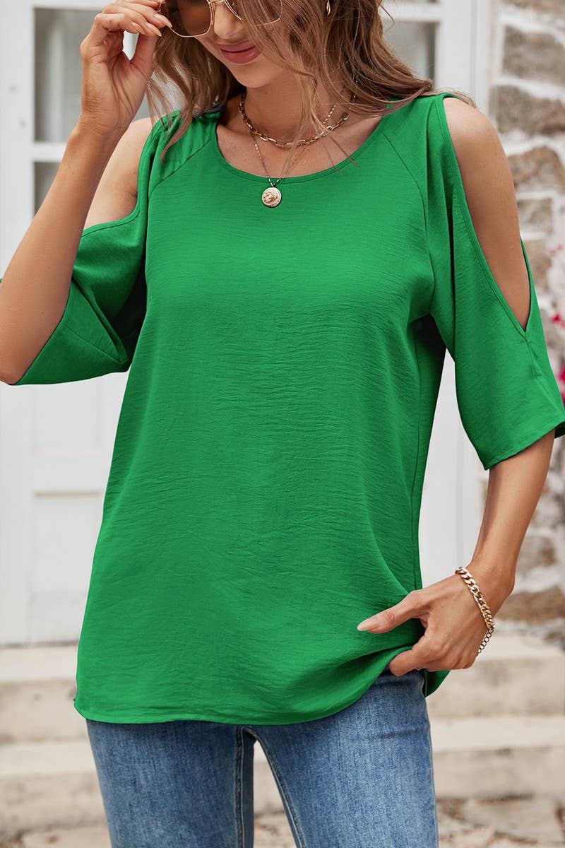 CWTBLS0365_Round neck  Short Sleeve Blouse