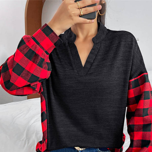 Classic casual patchwork plaid long-sleeved top