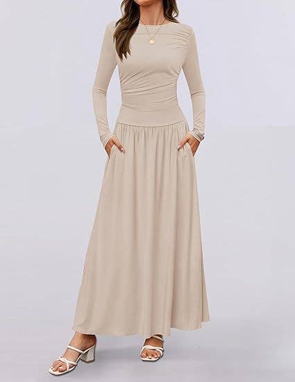 CREW NECK PLEATED POCKET SLIM LONG-SLEEVE DRESS
