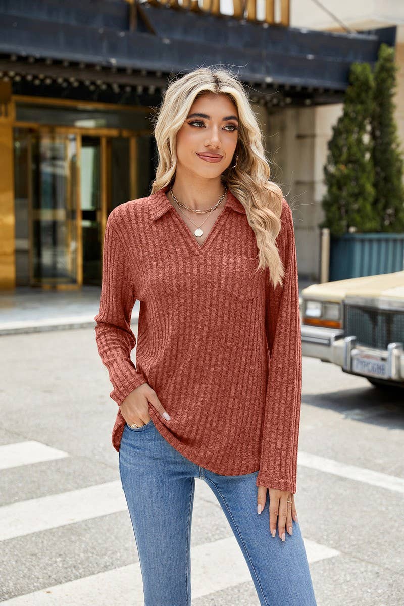 CWTBLL01314_RIBBED KNIT POLO LONG SLEEVE LOOSE TEE