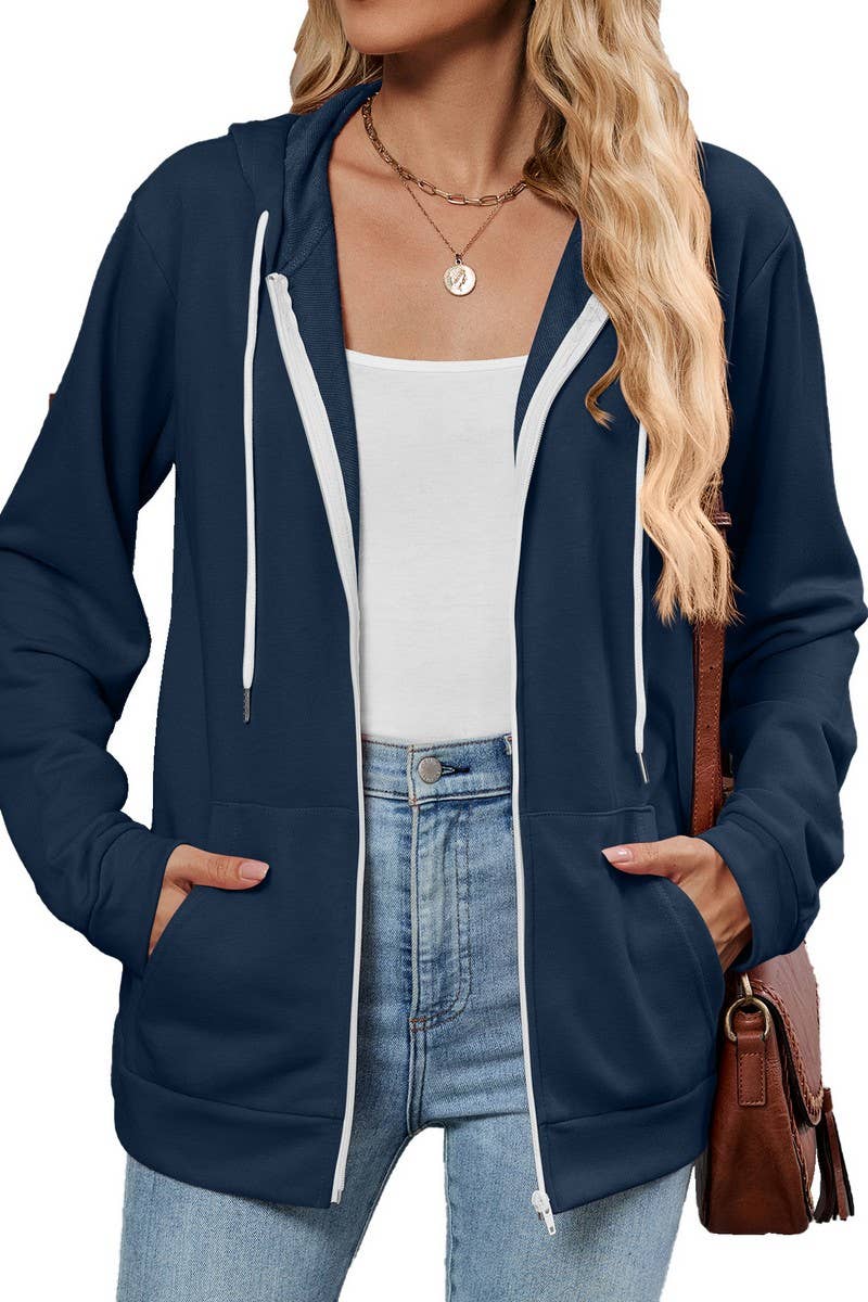 CWOCAL00575_CONTRAST COLOR ZIPPER HOODED POCKET SWEATSHIRT