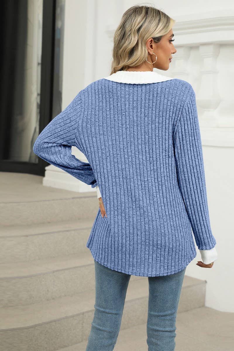 CWTBLL1874_CONTRAST COLOR LAPEL LONG SLEEVE LOOSE TOP