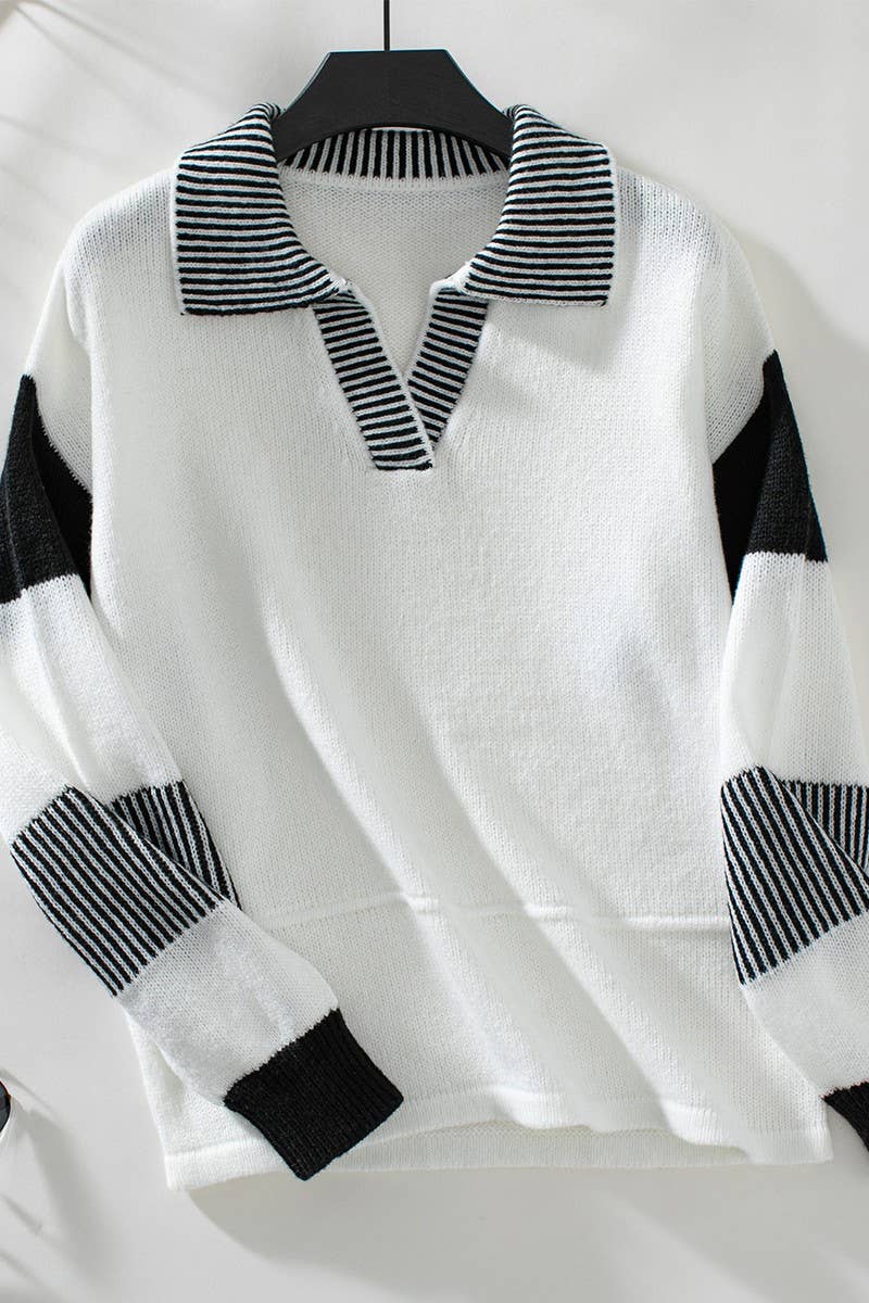 CWOSWL2868_STRIPED POLO COLLAR KNITTED SWEATER