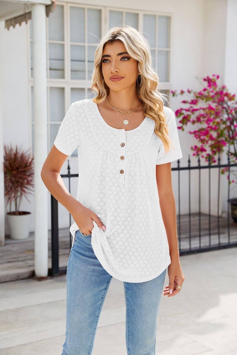 CWTBLS0435_Round Neck Short Sleeve Blouse
