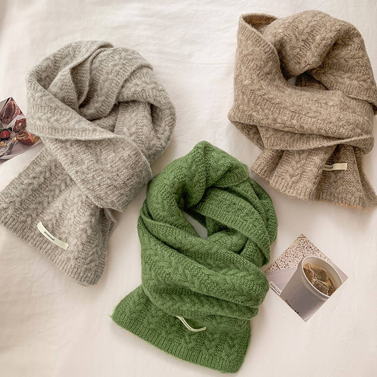 Avocado Green Wool Knit Scarf for Women,Warm_CWASC1506