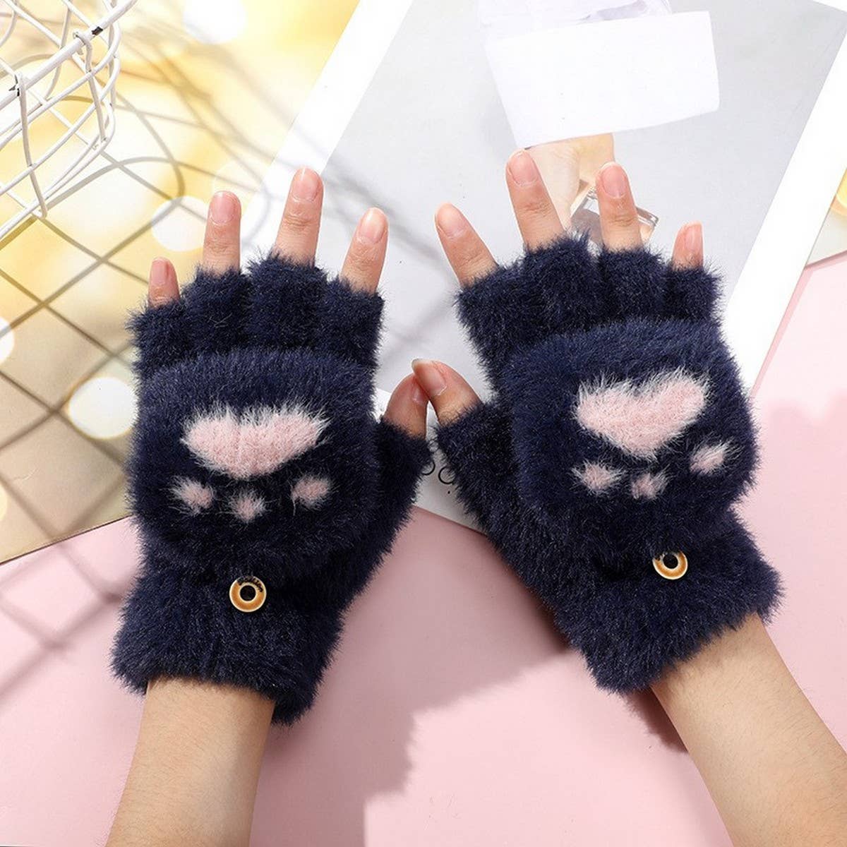 CWAG00552_CUTE CAT PAW BEAR CLAW KNIT GLOVES