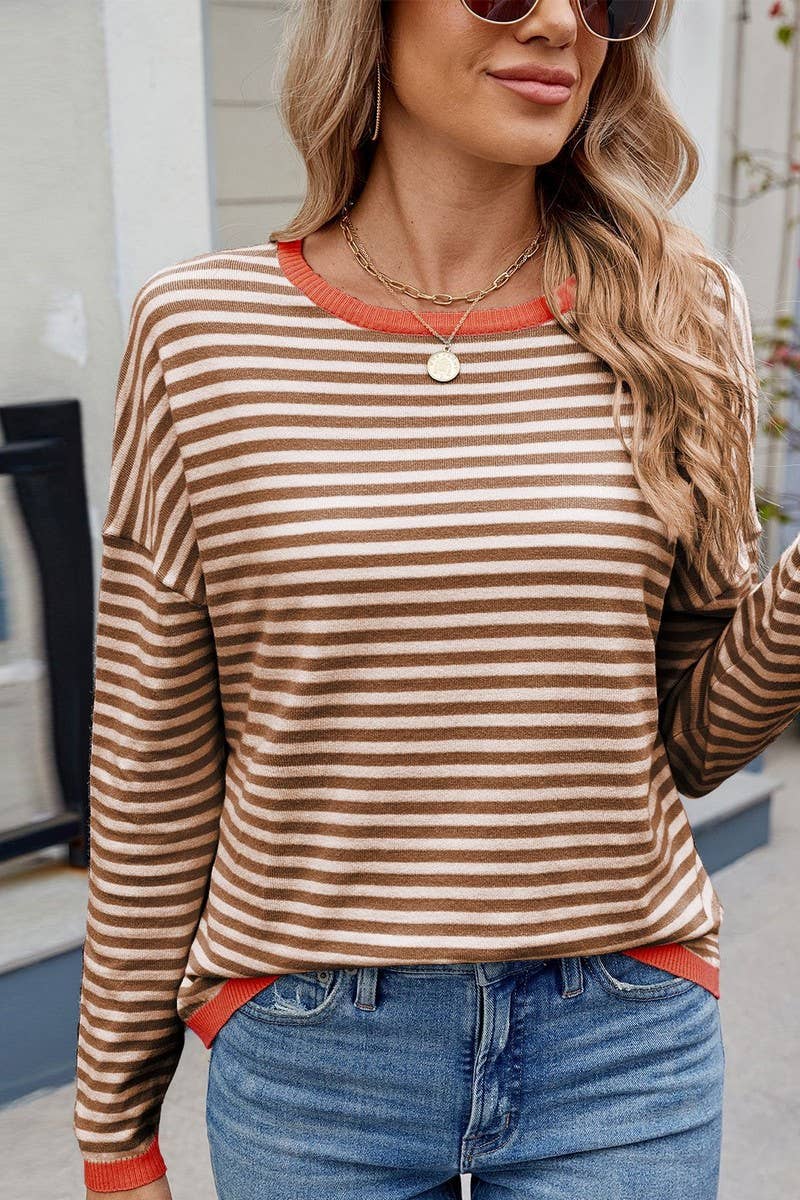 CWTBLL01204_COLORBLOCK TRIM STRIPE LOOSE KNIT PULLOVER