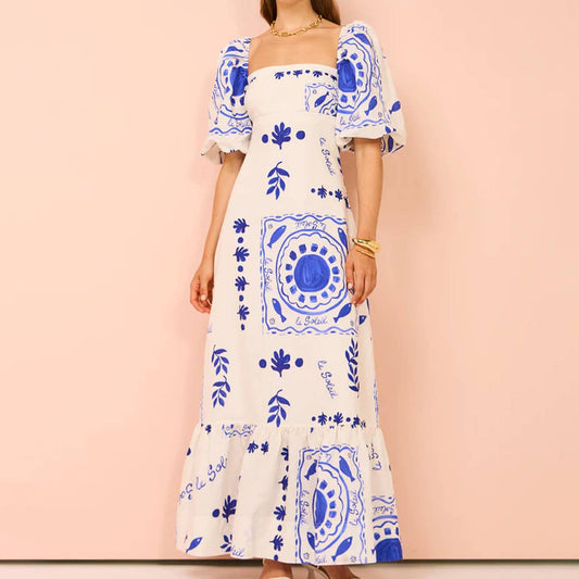 Casual line-neck print lantern sleeve dress