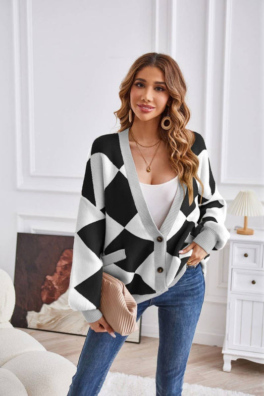CWOSWL1938_Button Down Sleeve V-Neck Cardigan Sweater