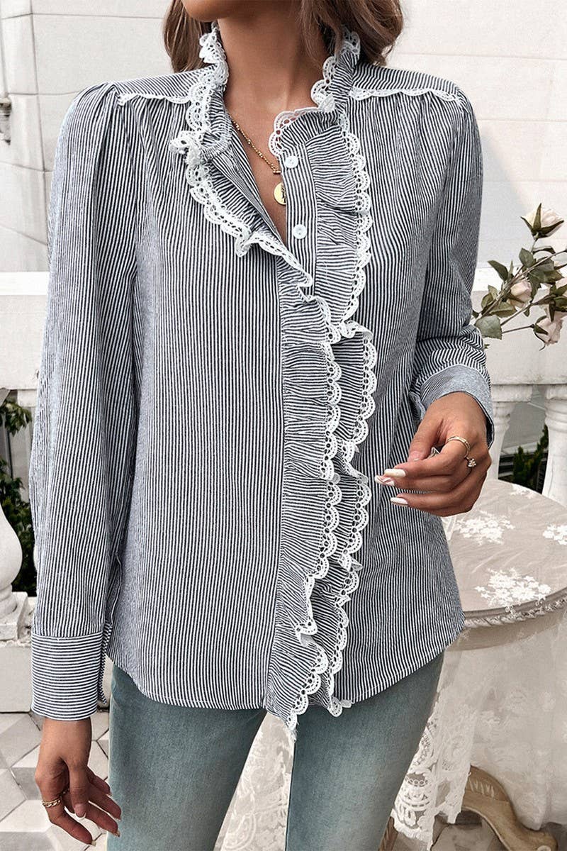 CWTSTL1211_TEMPERAMENT STRIPED LACE LONG-SLEEVED SHIRT