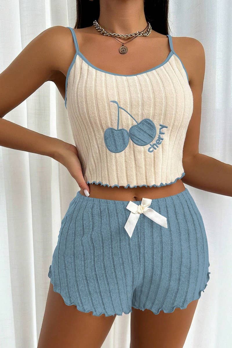 CWSPJ00469_EMBROIDERED FLANNEL CAMI PAJAMA SHORTS SET