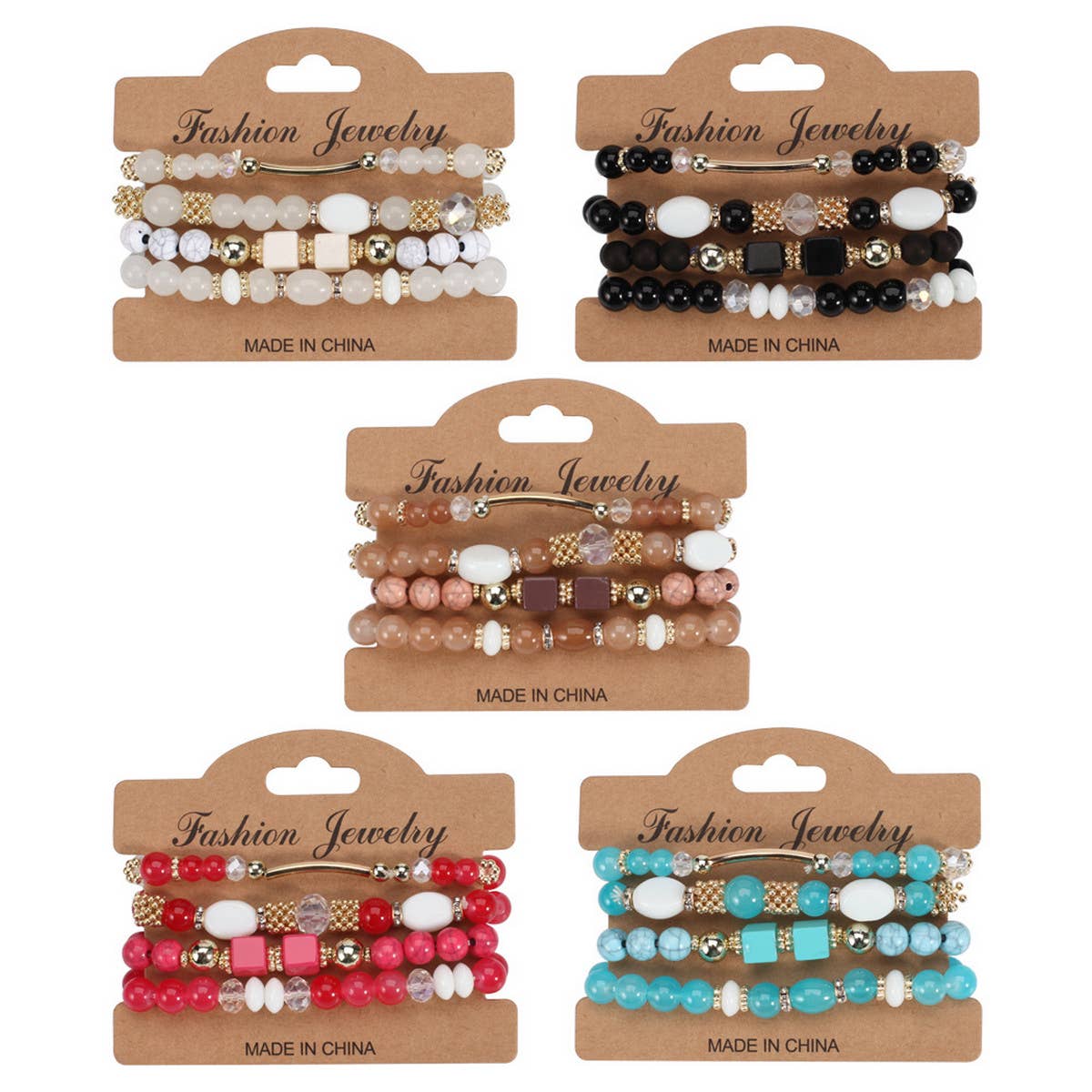 MULTI-LAYERED MARBLED BEADED ELASTIC CORD BRACELET