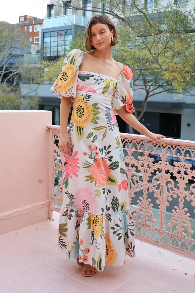 CWDMD5927_SQUARE NECK SLIM LANTERN SLEEVE FRENCH LONG DRESS