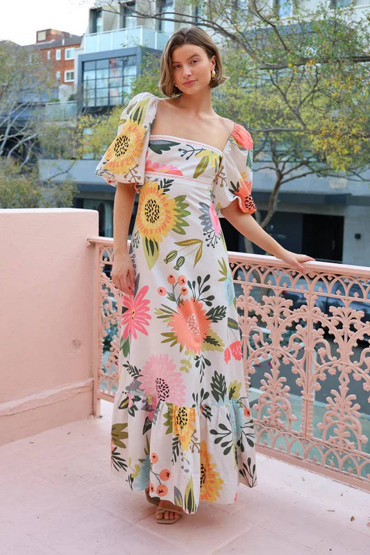 CWDMD6097_OFF SHOULDER PRINT LANTERN SLEEVE PATCHWORK DRESS