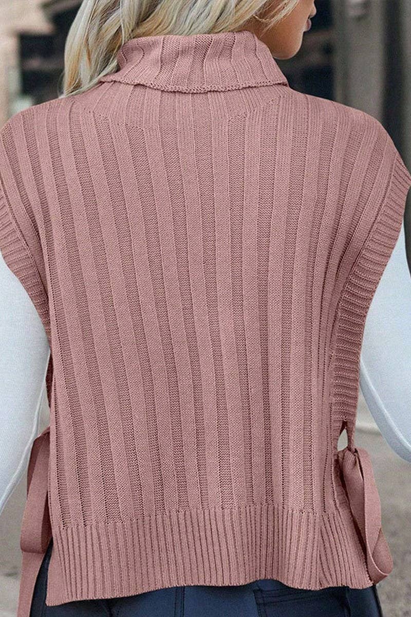CWOSWSL00158_SOLID TURTLENECK SLEEVELESS SIDE TIE KNIT VEST