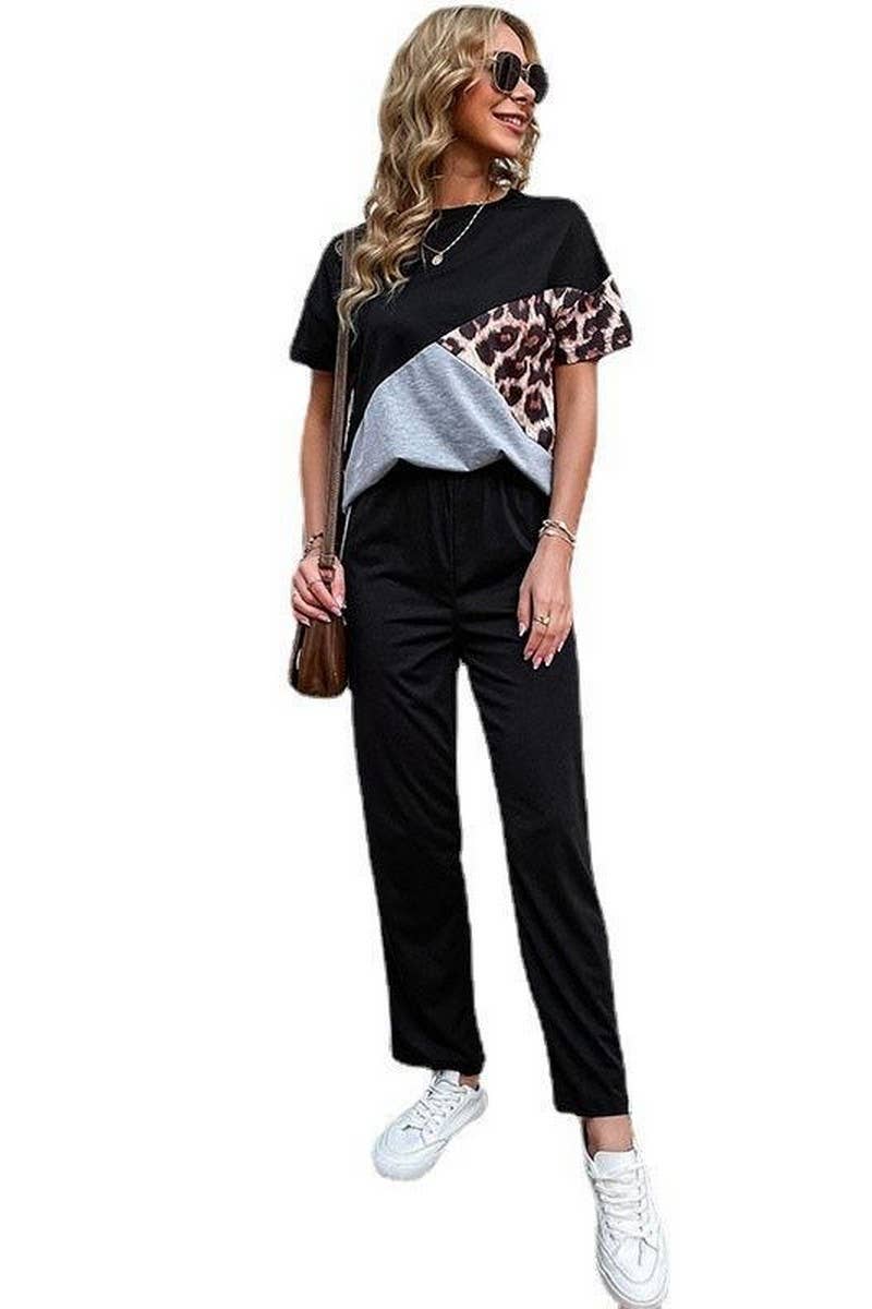 CWSTB1965_COLORBLOCK LEOPARD PRINT TEE CASUAL SET