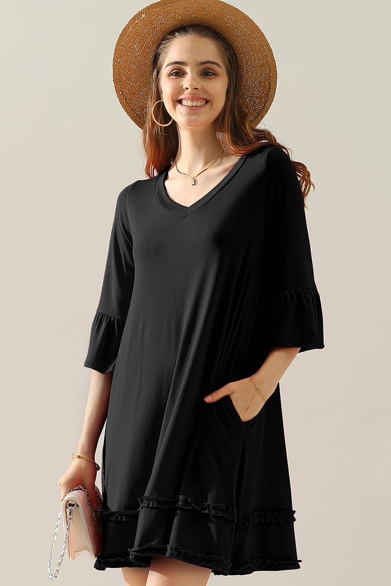 CWDSD10414_3/4 SLEEVE TIERED DRESS WITH SMALL RUFFLE DETAILS