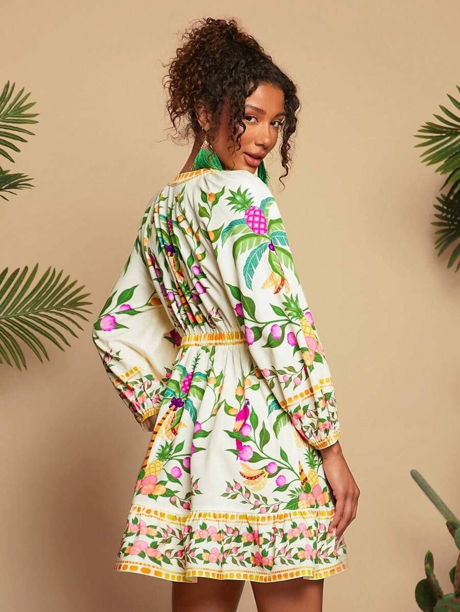 Bohemian V-neck three-quarter sleeve mini dress